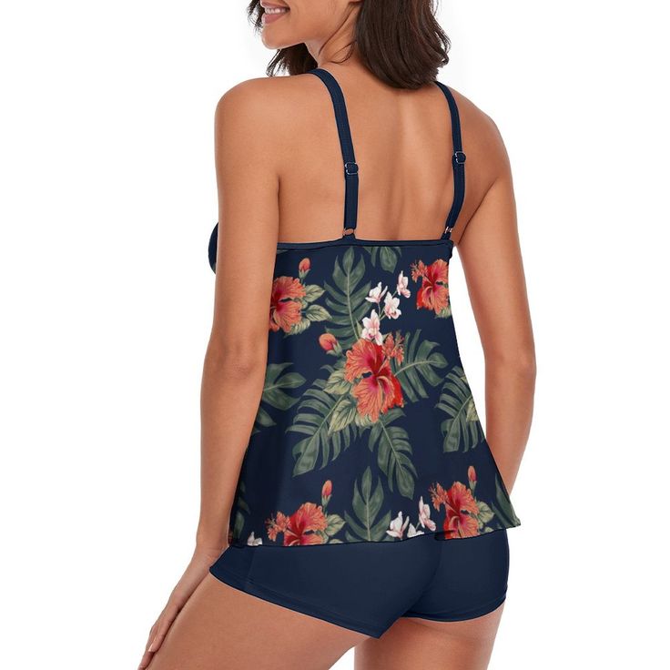 82% Nylon + 18% Spandex Elastic closure Hand Wash Only Long Torso Tankini Tank Top: Two piece bathing suit. long torso scoop neck tankini top with fashion and retro floral print shows your attractive and stylish. this tank top can cover everythings you want. hide your tummy and shows your charming. Boyshorts Bottom: Sporty and flexible high waisted tummy control tankini bottoms offer great coverage. and the athletic boyshort bottom with straps tank top can fit most water sports great. ensure eno Vacation Sleeveless Tankini With Built-in Bra, Racerback Tankini With Built-in Bra For Beach, Tropical Tankini With Built-in Bra For Poolside, Fitted Hawaiian Tankini For Beach Party, Vacation Swimwear With Built-in Bra And Racerback, Summer Racerback Tankini With Built-in Bra, Vacation Racerback Swimwear With Built-in Bra, Hawaiian Style Tropical Print Tankini For Swimming, Hawaiian Style Tankini With Tropical Print For Swimming