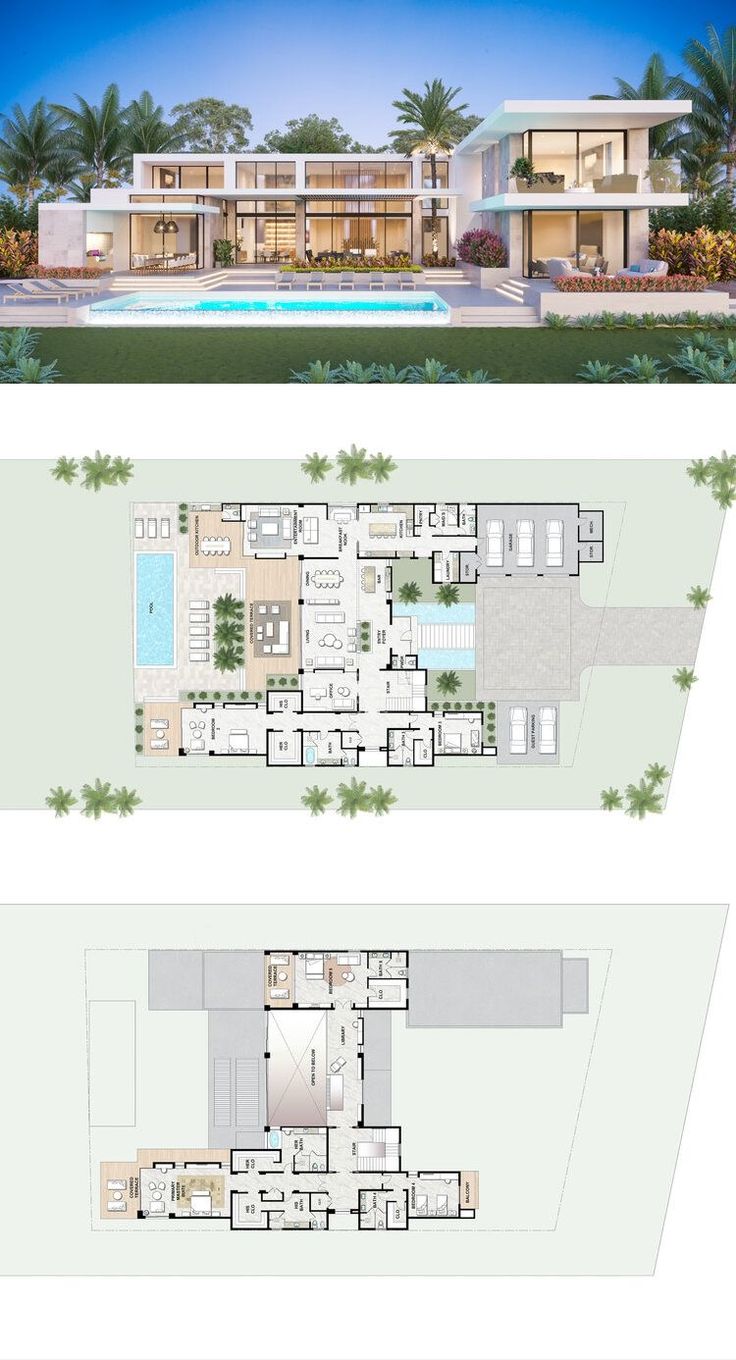 two views of the house from above and below, with different levels to each level