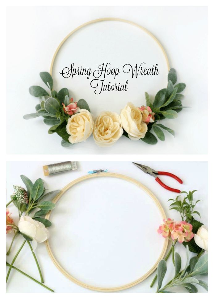 two pictures showing how to make a hoop wreath with flowers and greenery on it