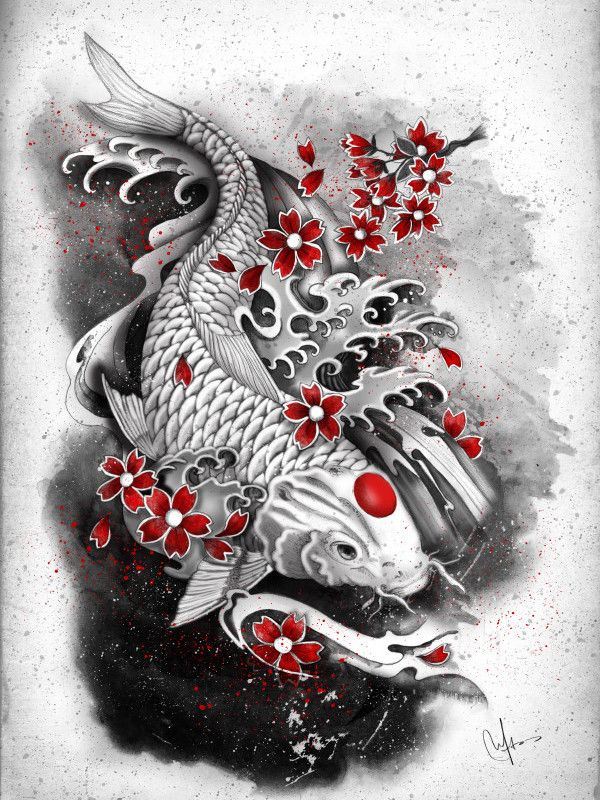 a black and white drawing of a fish with red flowers in it's mouth