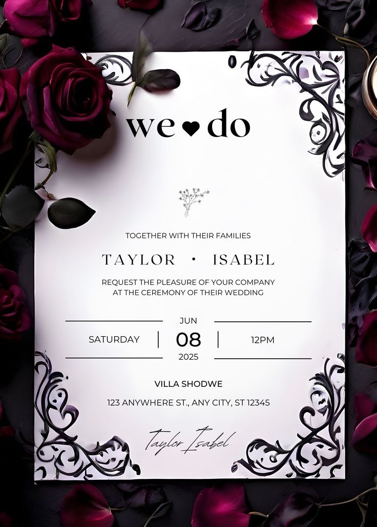 a wedding card with roses on it and the words we do written in black ink