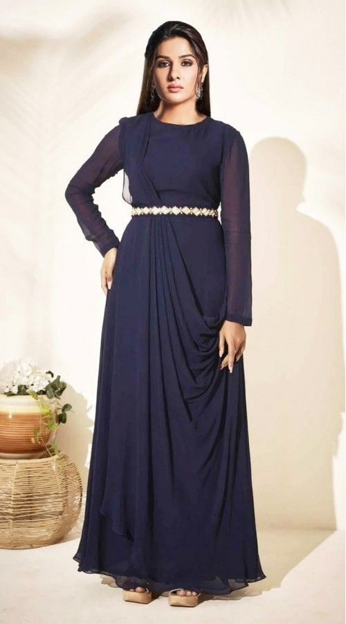 Navy Blue Georgette Party Wear Indowestern Gown Anarkali Gown For Evening With Traditional Drape, Evening Anarkali Gown With Traditional Drape, Fitted Evening Dress With Traditional Drape, Reception Evening Dress With Traditional Drape, Festive Elegant Evening Dress With Traditional Drape, Blue Georgette Gown With Long Sleeves, Traditional Drape Georgette Evening Gown, Anarkali Gown With Long Sleeves For Evening, Anarkali Evening Dress In Maxi Length