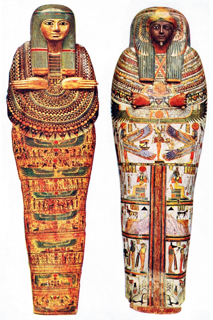 two ancient egyptian statues, one in gold and the other in red with designs on it