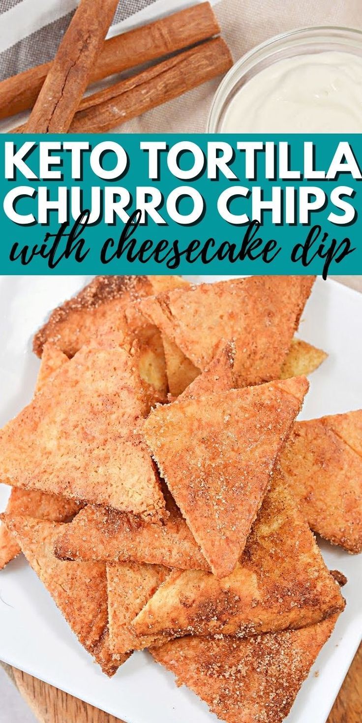 keto tortilla chips on a plate with cheese dip in the background and text overlay