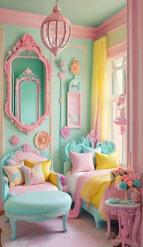 a bedroom with pink, blue and yellow decor on the walls is decorated in pastel colors