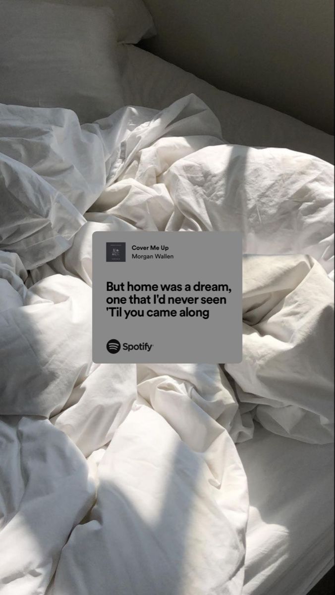 an unmade bed with white sheets and pillows on top of it that says, but home was a dream, i'll'm you can't care along?