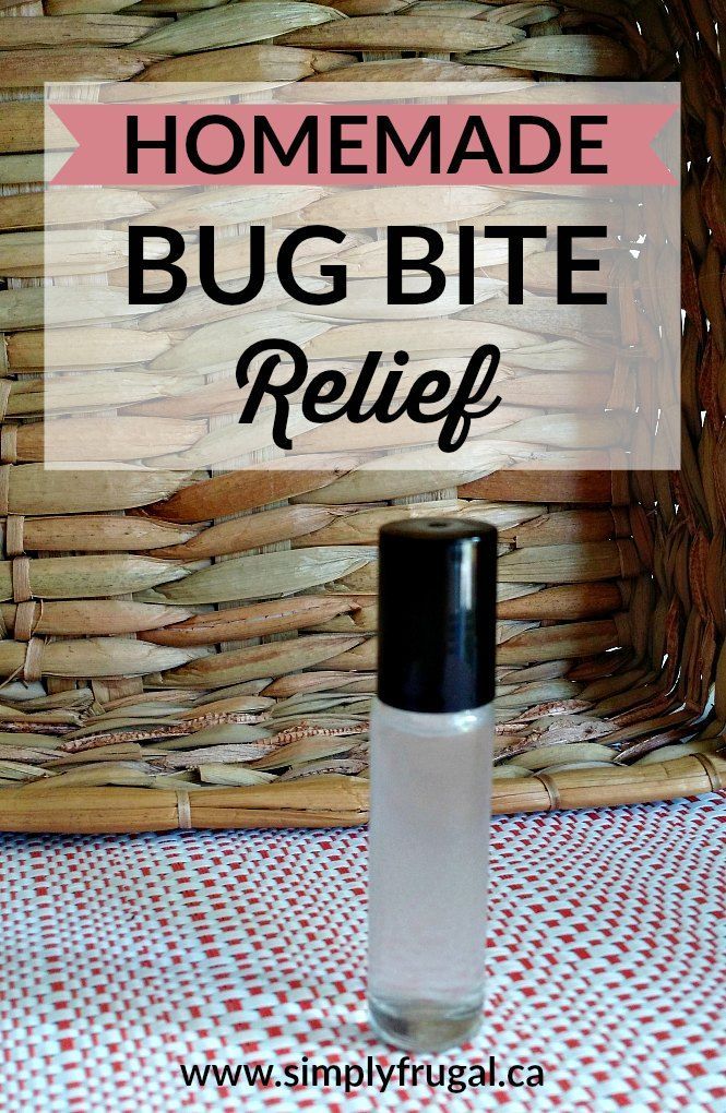 a bottle of bug bite relief sitting in front of a basket with the words homemade bug bite relief on it