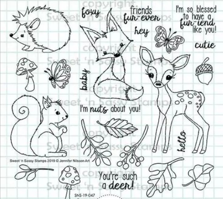 the stamp set features different animals and words