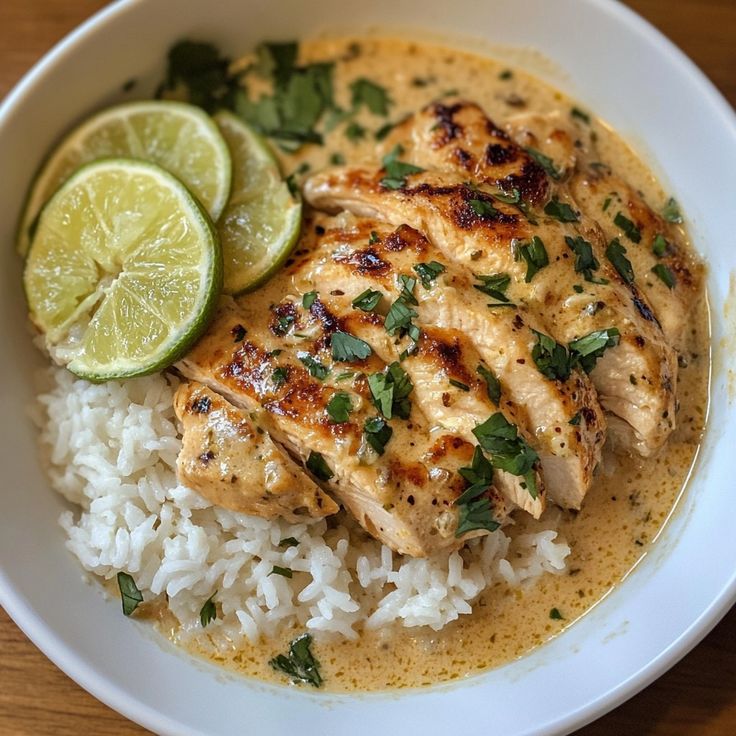 a white bowl filled with rice and chicken next to lime wedges on the side