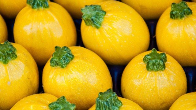 many yellow pumpkins with green leaves are stacked on top of each other in rows