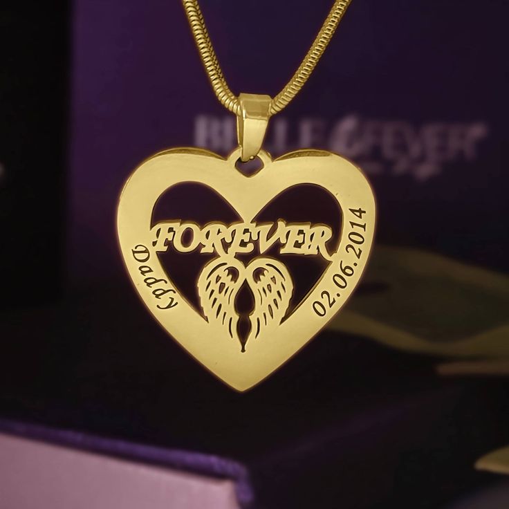 The Angel in My Heart Necklace is designed to remind that special someone that they hold a special place in your heart. Personalise this necklace with their name, dates, or a heartfelt message that reflects your cherished moments together. The angel wings shape pendant features the word "FOREVER" inside the heart shape, representing the protection of loved ones and the help of a guardian angel by their side to guide and watch over them. Available in silver, gold, or rose gold, this necklace is t Tarnished Silver Jewelry, Angel Wings Design, Tarnished Silver, Personalized Pendant, Gold Heart Necklace, Silver Heart Necklace, Special Jewelry, The Angel, Heartfelt Gifts