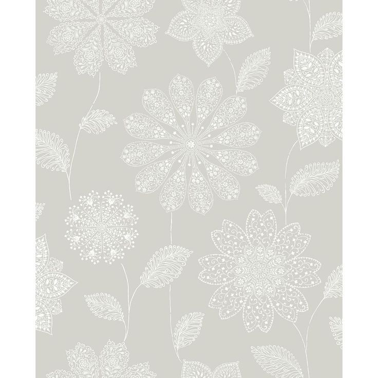 a wallpaper with white flowers and leaves on the side, in shades of grey