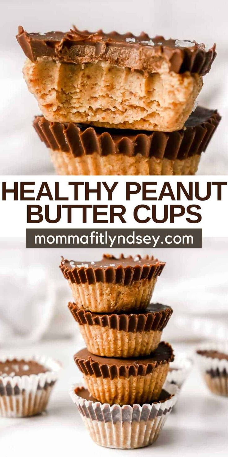 healthy peanut butter cups stacked on top of each other with text overlay that says healthy peanut butter cups