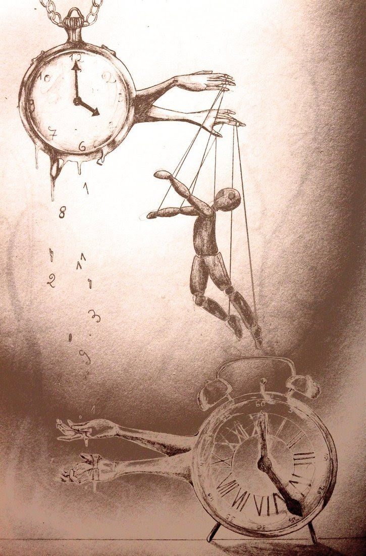 a drawing of a person swinging on a clock