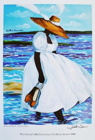 a painting of a woman in white dress and hat walking on the beach with blue water