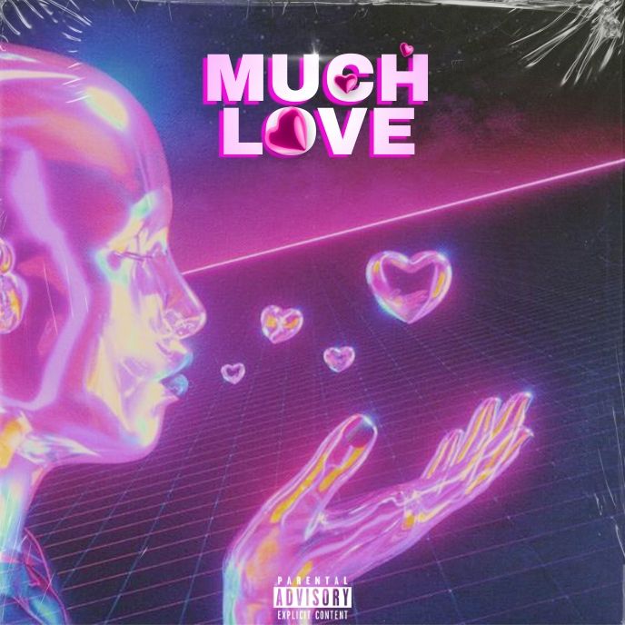 the album cover for much love is shown in pink and purple with hearts floating out