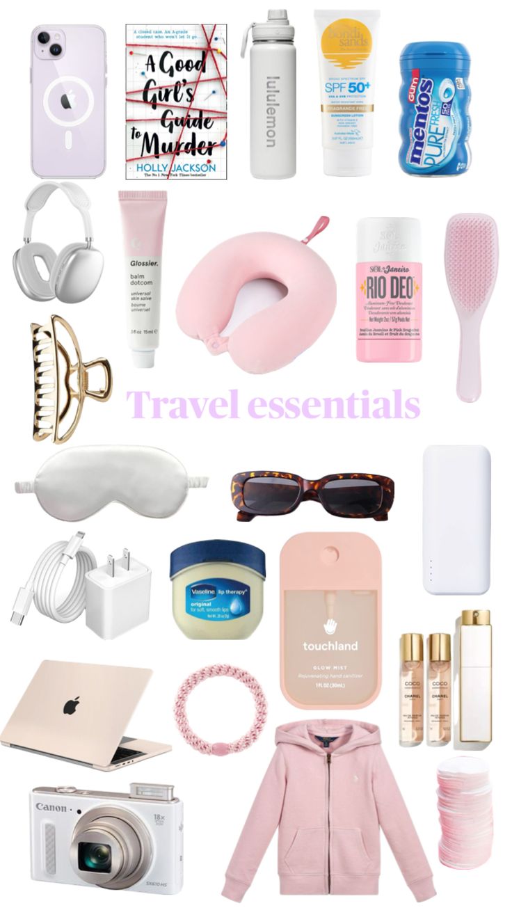 travel essentials for the girl in pink and white with text overlay that says travel essentials