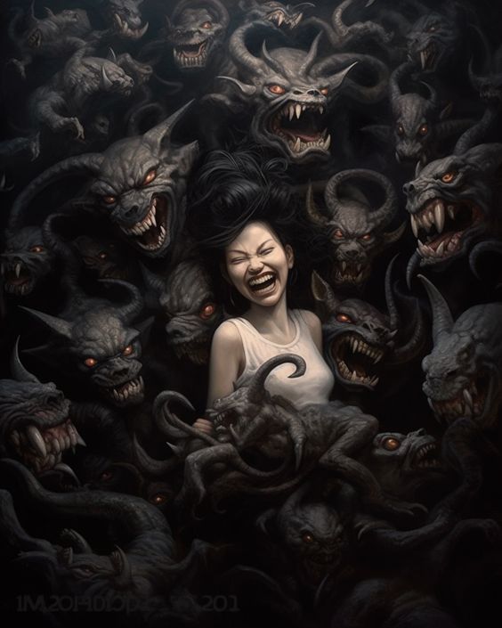 a woman surrounded by demon heads and demonic eyes, with an evil smile on her face