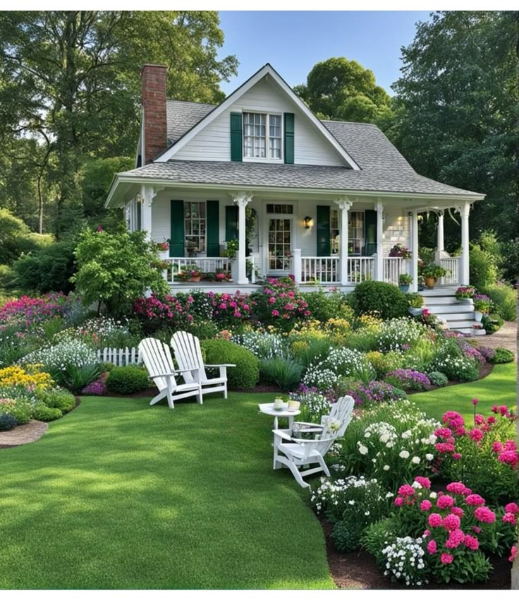 two white chairs sitting in front of a house surrounded by flowers and greenery on the lawn