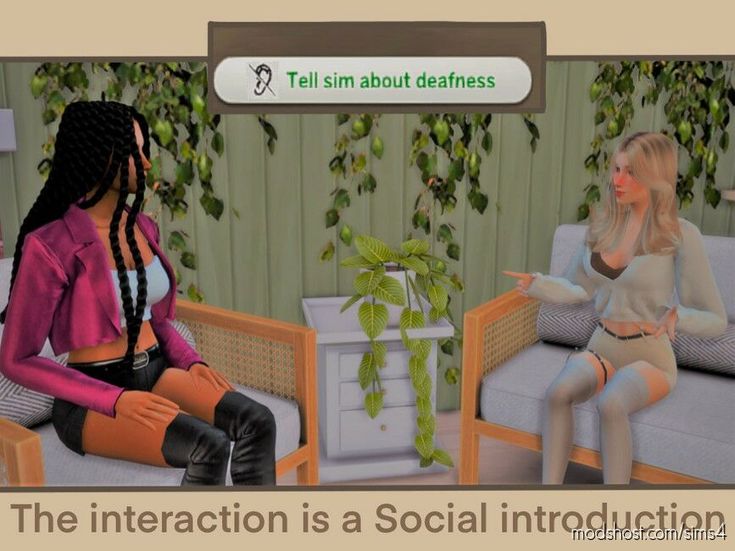 two women sitting on couches talking to each other in front of a screen with text that reads, the interaction is a social instruction