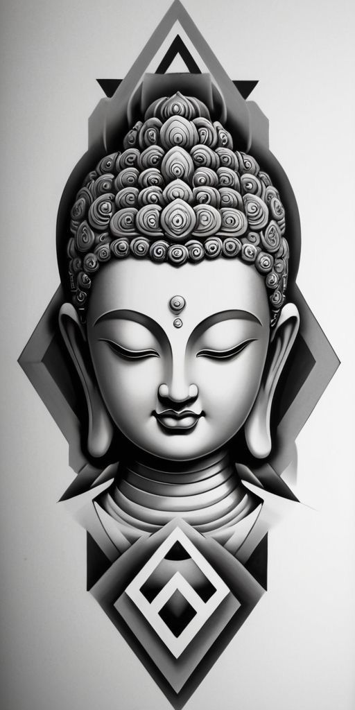 a drawing of a buddha head in black and white, with geometric shapes around it