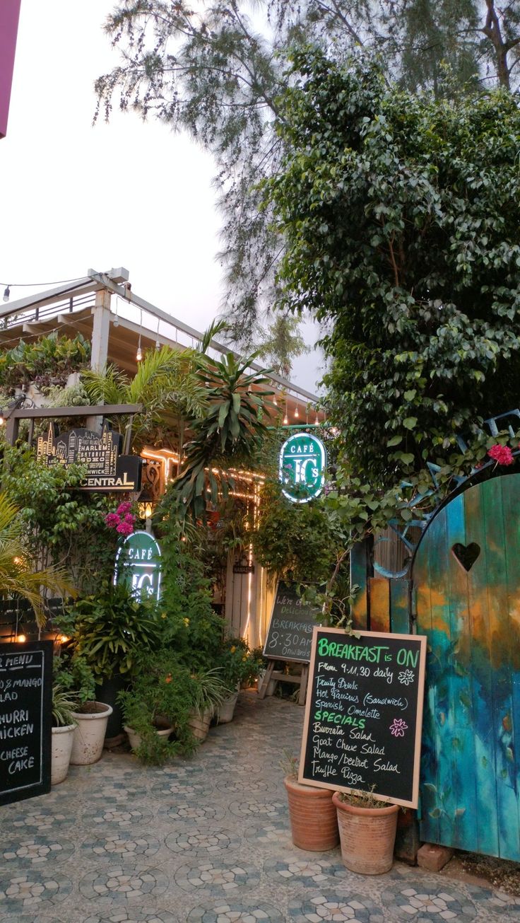 the outside of a restaurant with plants and signs on it's walls, along with potted trees