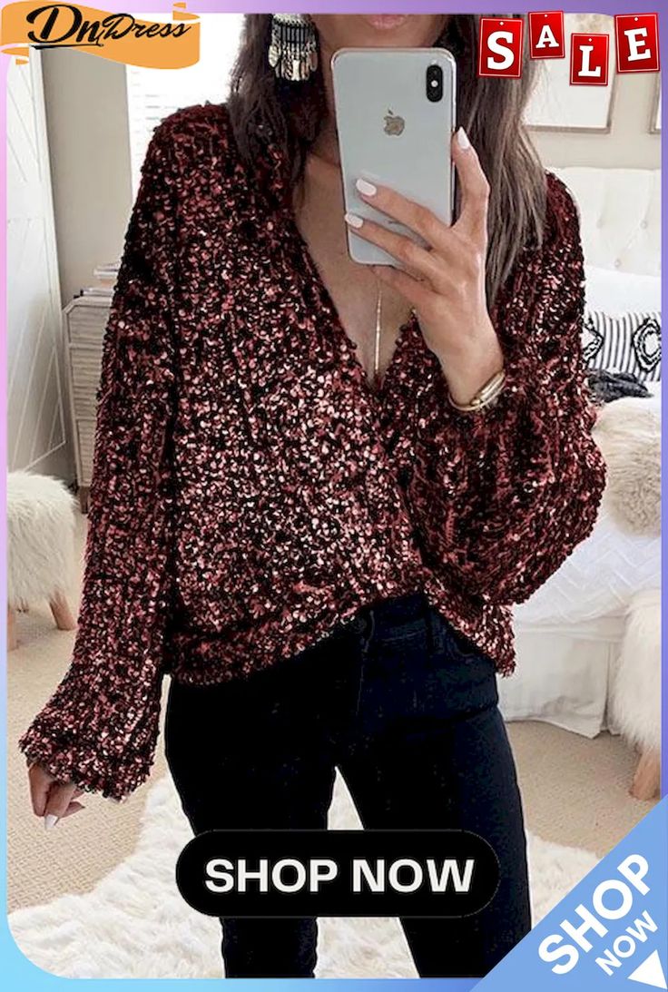 Deep V Neck Knot Sequin Shirt Sequin Shirt, Trendy Fashion Outfits, Wrap Blouse, Fashion Pattern, Wholesale Clothing, Deep V Neck, Deep V, Online Clothing, Flare Jeans