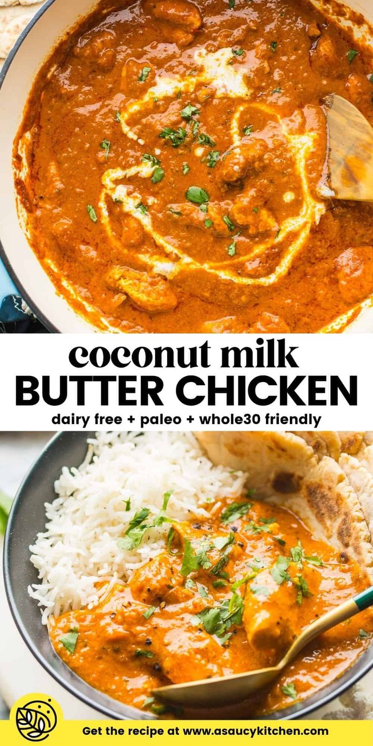 coconut milk butter chicken in a bowl with rice