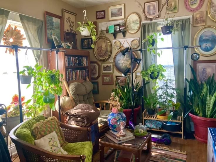 a living room filled with furniture and lots of plants