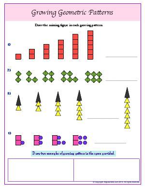 the worksheet for growing geometric patterns is shown in pink and green, with blue dots