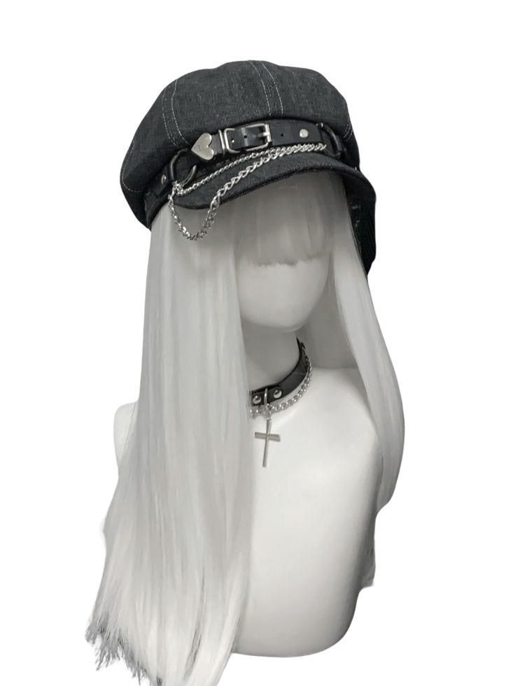 ❤︎Metal cool chain gray denim casket❤︎ Alt Hats, Jirai Aesthetic, Gris Aesthetic, Bratz Core, Y2k Hats, Oc Cosplay, Grey Beret, Hat Y2k, Light Grunge