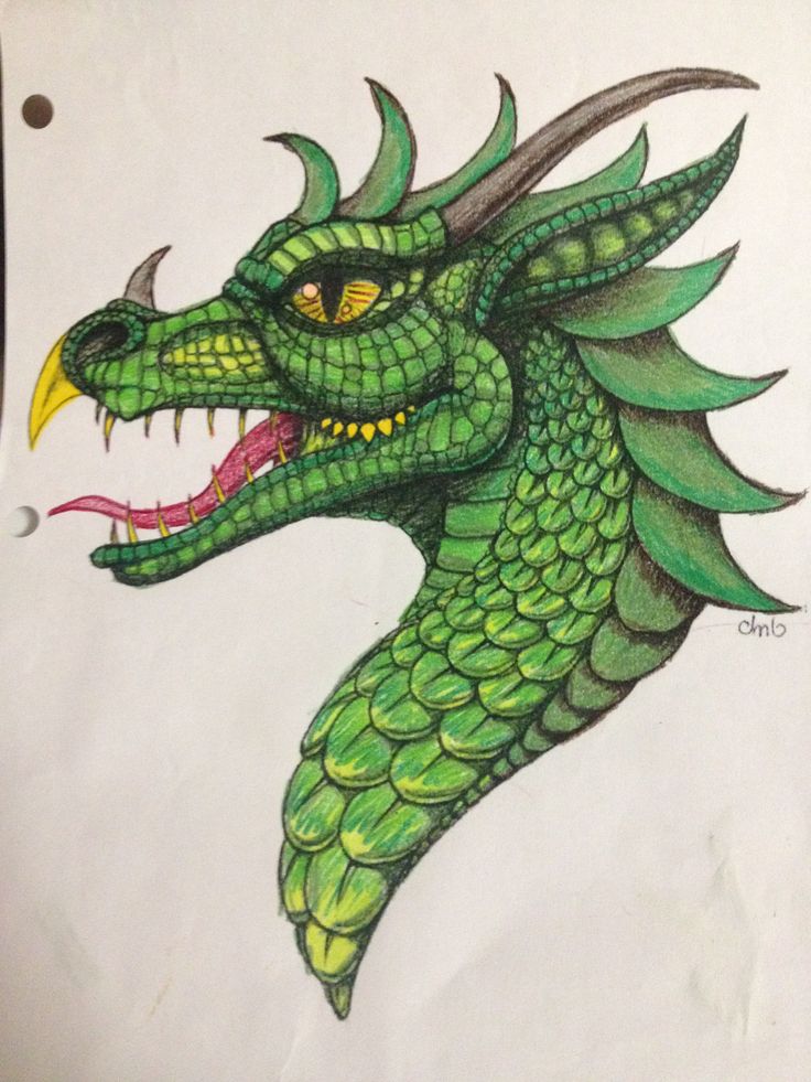 a drawing of a green dragon with horns