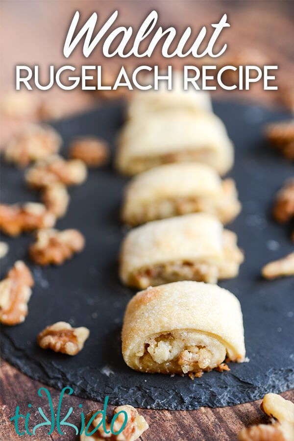 a close up of food on a plate with words above it that reads walnut rugelach recipe