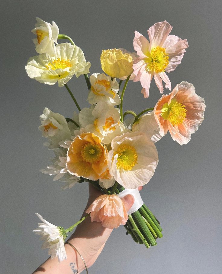 a person's hand holding a bouquet of white, yellow and pink flowers against a gray background