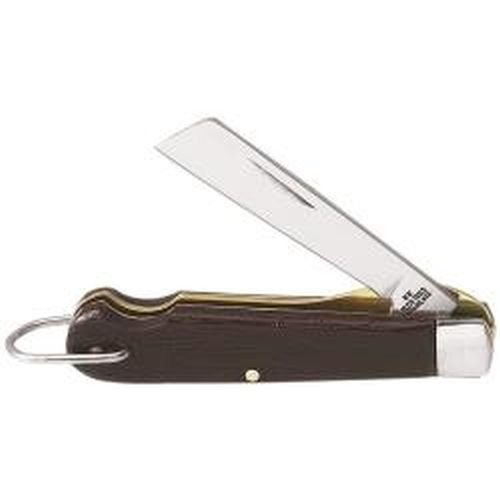 a knife that is sitting on top of a brown leather case with a metal handle