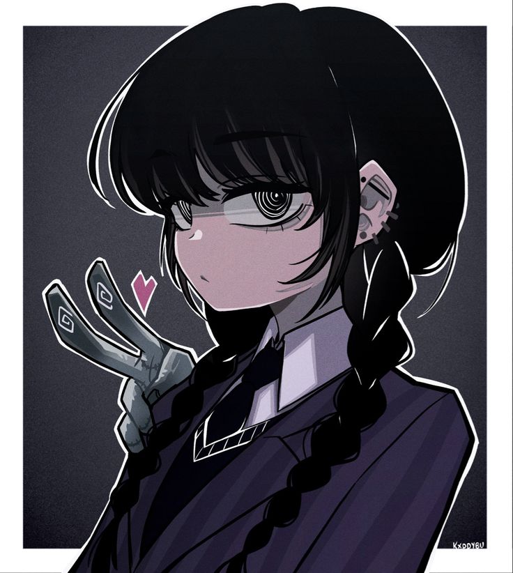 an anime character with black hair holding scissors