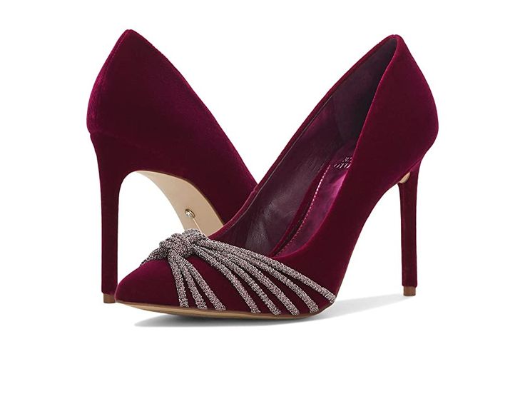 Vince Camuto Faine - Women's Shoes : Magenta : Get ready to uplift your sleek fashion game by opting for the Vince Camuto Faine sandals. Suede upper with glitter-embellished strappy design. Synthetic lining with cushioned footbed. Pointed toe silhouette. Sky-high stiletto heel. Easy slip-on style. Durable synthetic outsole. Imported. Measurements: Heel Height: 3.9; Weight: 0.53 oz. Weight of footwear is based on a single item, not a pair. Chic Open Toe Heels With Glitter Accents, Cocktail Heels With Glitter Accents, Holiday Heels With Heel Strap For Night Out, Elegant Cushioned Ankle Strap Heels, Elegant Ankle Strap Heels With Cushioned Footbed, Chic Heels With Glitter Accents, Elegant Synthetic Sandals For Holidays, Elegant Synthetic Sandals For Party Season, Glitter Heels For Cocktail