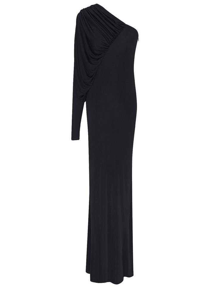 This sustainable viscose dress from Saint Laurent is an elegant choice for special occasions. The design includes an asymmetric neckline, a draped long sleeve, and a practical side zip closure. Ideal for making a statement at evening events.

- Made in Italy  
- Composition: 100% Viscose  
- Available in FR size range Asymmetrical One Shoulder Dress With Draped Sleeves, Formal One-shoulder Dress With Draped Sleeves, Draped One Shoulder Dress For Dinner, Asymmetrical Maxi Dress With Draped Sleeves, Pre-draped Maxi Dress With Asymmetrical Neckline, Pre-draped Maxi Dress With Asymmetrical Neckline And Draped Sleeves, Asymmetrical One Shoulder Dress With Draped Sleeves For Evening, Formal Ruched Asymmetrical Draped Dress, Draped Sleeves Maxi Dress For Evening