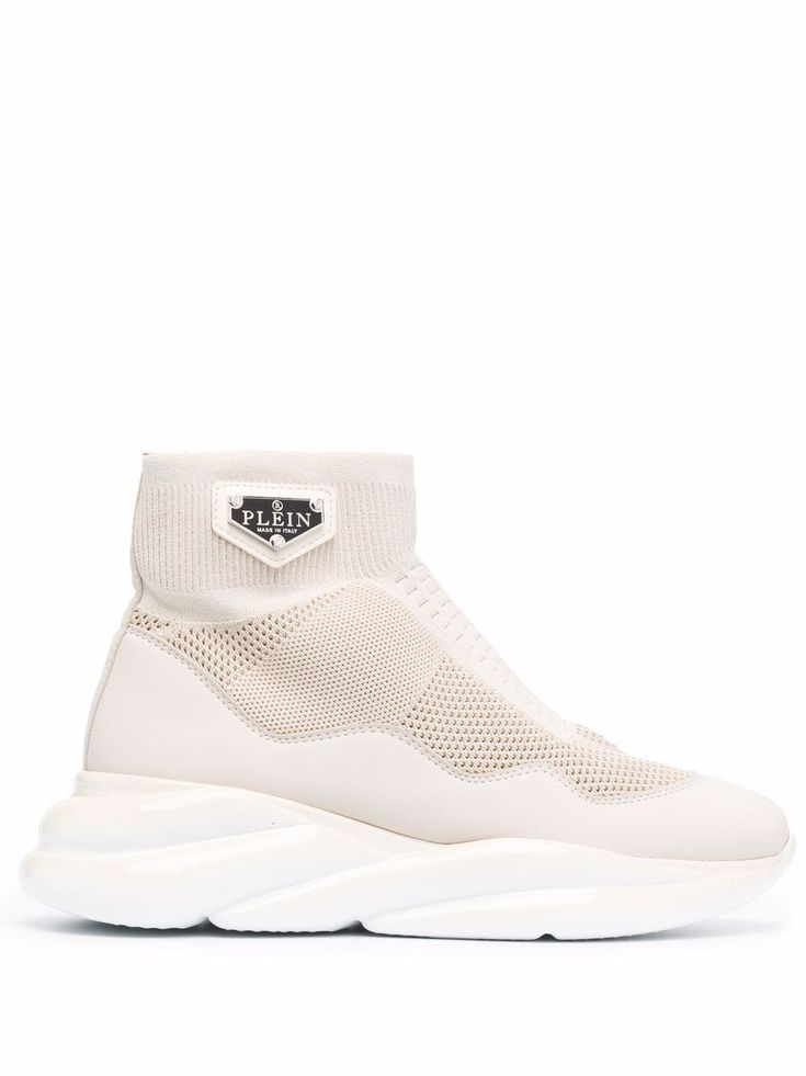 pink beige sock-style logo plaque branded insole chunky rubber sole ankle-length Beige Socks, Philipp Plein Shoes, Chunky Sneakers, Puma Fierce Sneaker, Philipp Plein, Fashion Socks, Pink Beige, Adidas Tubular Defiant, Shoes Trainers