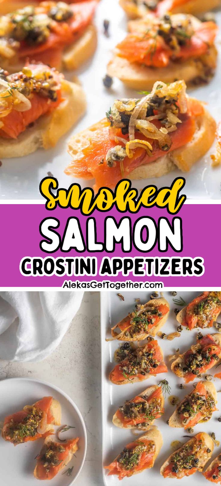 smoked salmon crostini appetizers on a white platter with text overlay