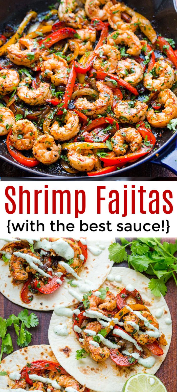 shrimp fajitas with the best sauce on top and an image of lime wedges