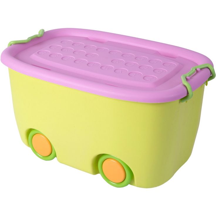 a green and pink toy truck with wheels