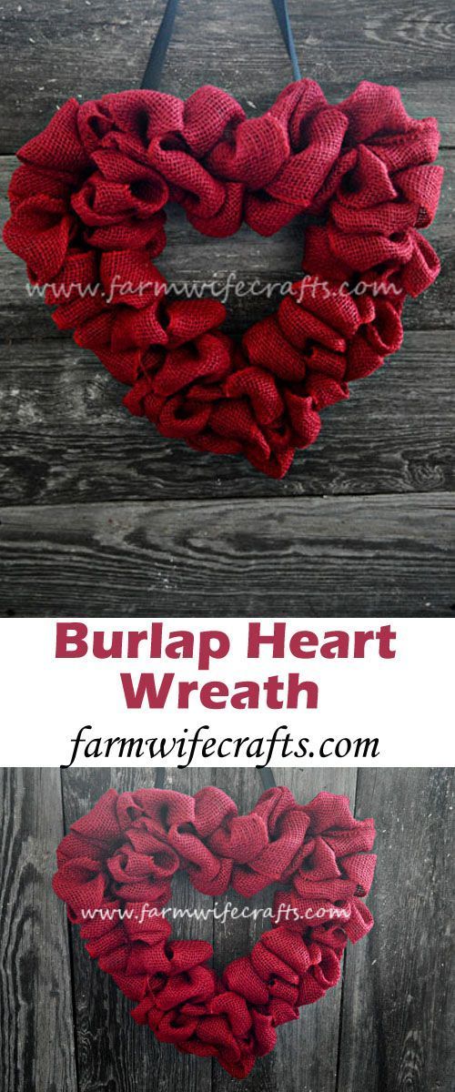 a heart shaped wreath with red yarn hanging from it's sides and the words burlap heart wreath on top