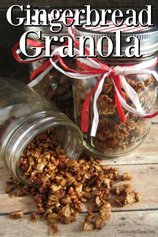 a jar filled with granola sitting on top of a wooden table