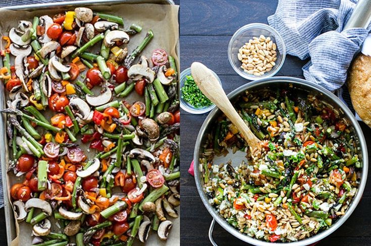 two pans filled with different types of vegetables next to each other on a table