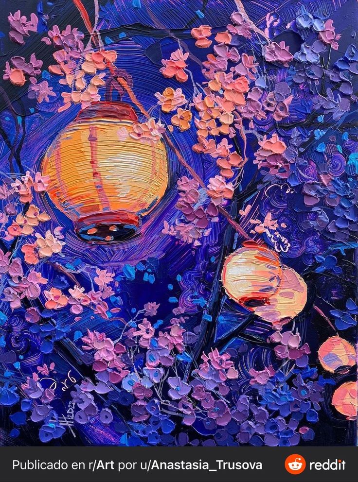 an oil painting of flowers and lanterns on a purple background with the words, pulicado en art portu anastasia - truova