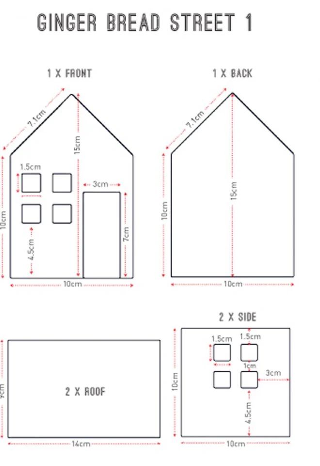 the ginger bread street house pattern is shown with measurements for each side and four sides