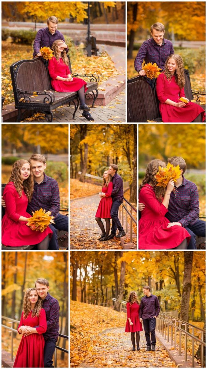 a man and woman sitting on a bench in the fall