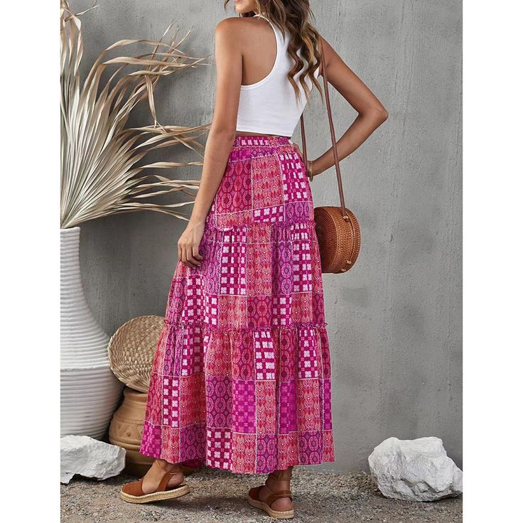 Purple Bohemia Print Tie Waist Maxi Skirt High Waist Pink Maxi Skirt Relaxed Fit, Multicolor Flowy High Waist Maxi Skirt, Bohemian High Waist Maxi Skirt For Day Out, Summer Pink Relaxed Maxi Skirt, Casual Multicolor High Waist Maxi Skirt, Pink High Waist Maxi Skirt For Summer, Pink Flared Maxi Skirt For Vacation, High Waist Pink Maxi Skirt For Summer, Summer Pink Relaxed Fit Maxi Skirt