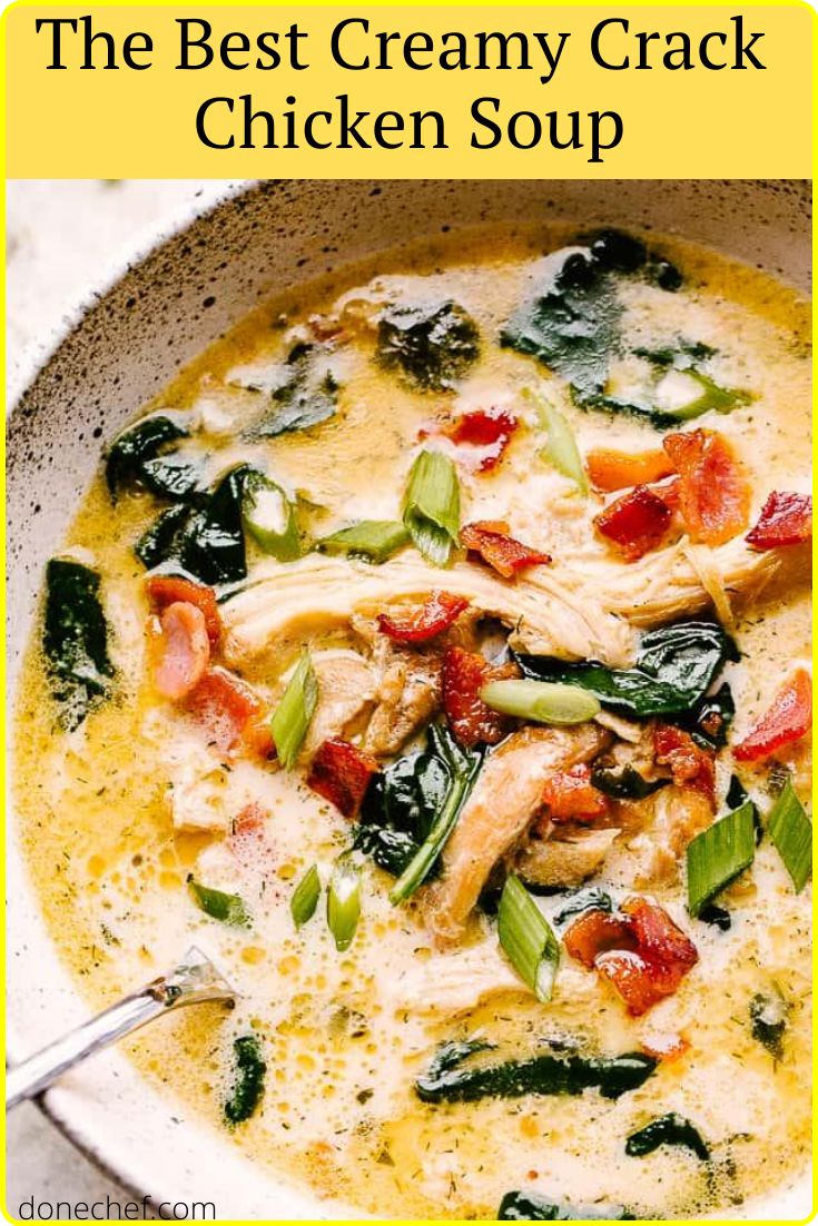 the best creamy crock chicken soup in a white bowl with spinach and bacon